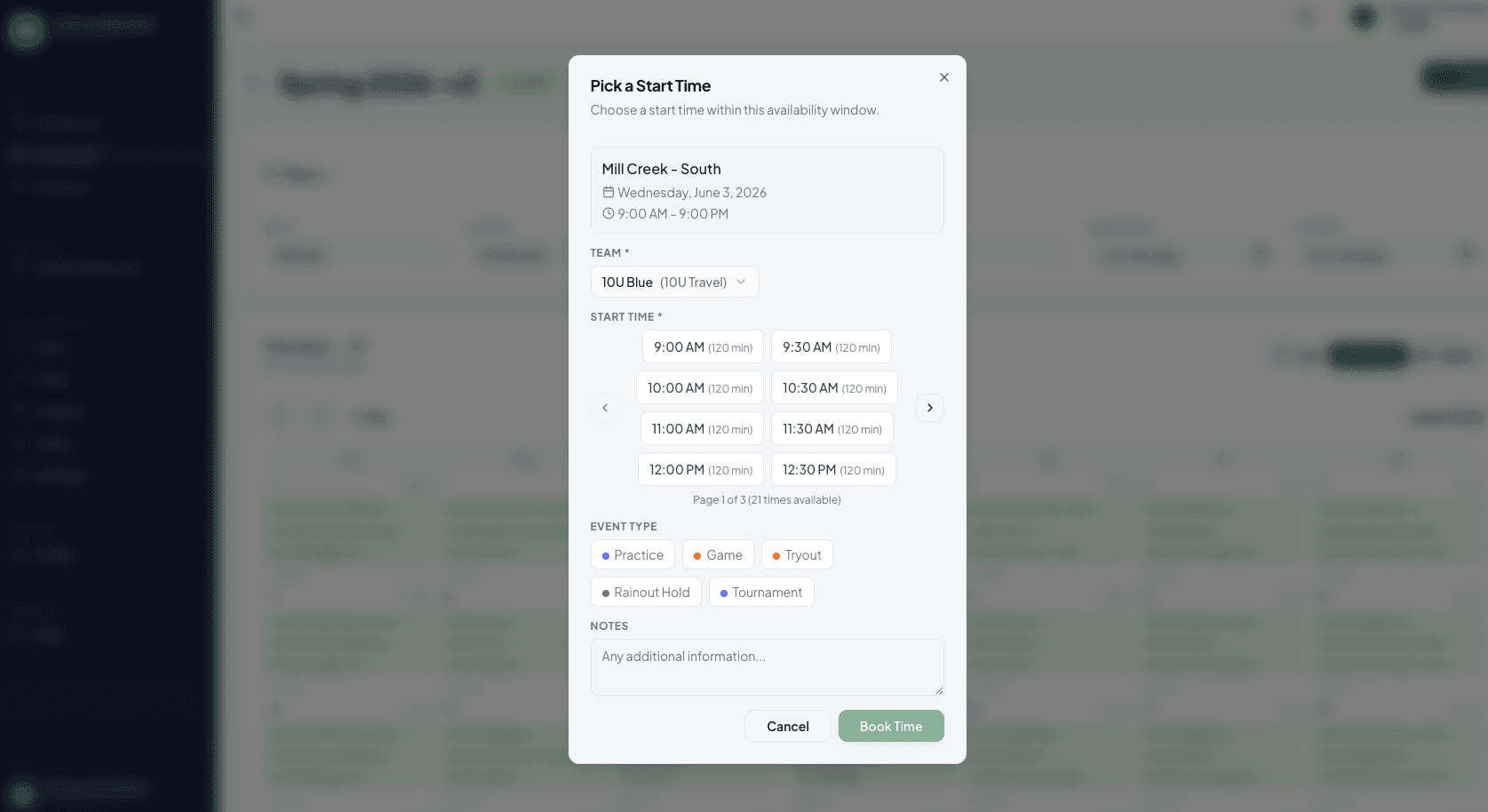 Booking dialog showing available time slots for a field