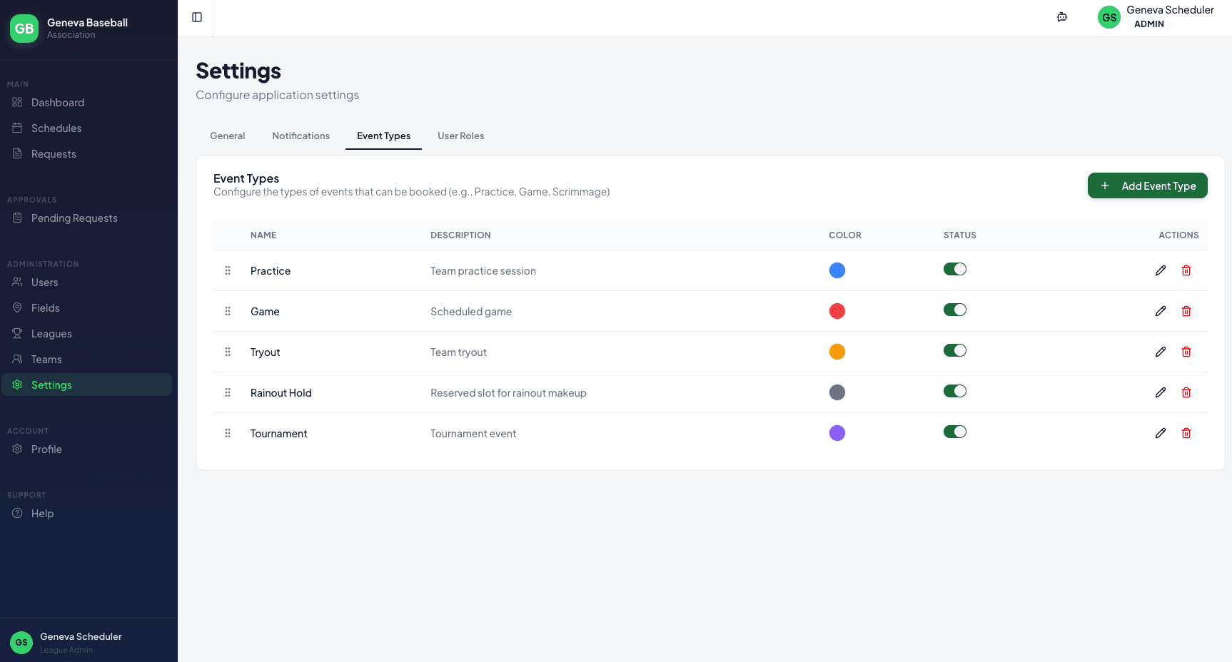 Event types configuration showing color-coded event categories