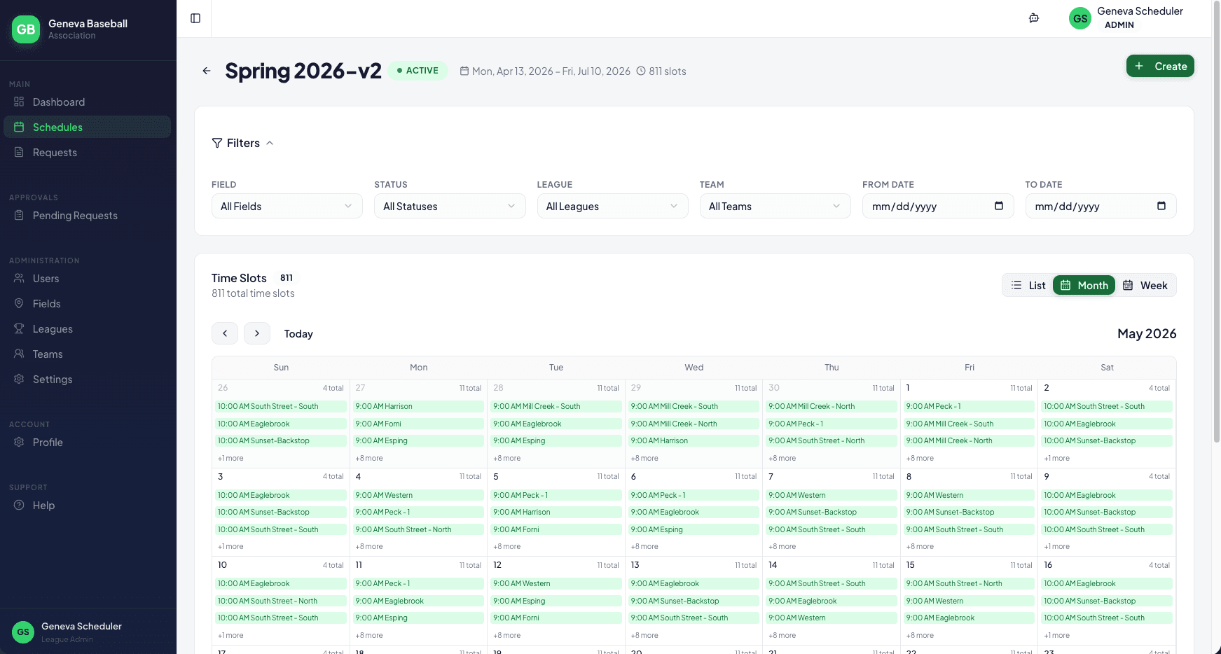 LeagueHero schedule management dashboard
