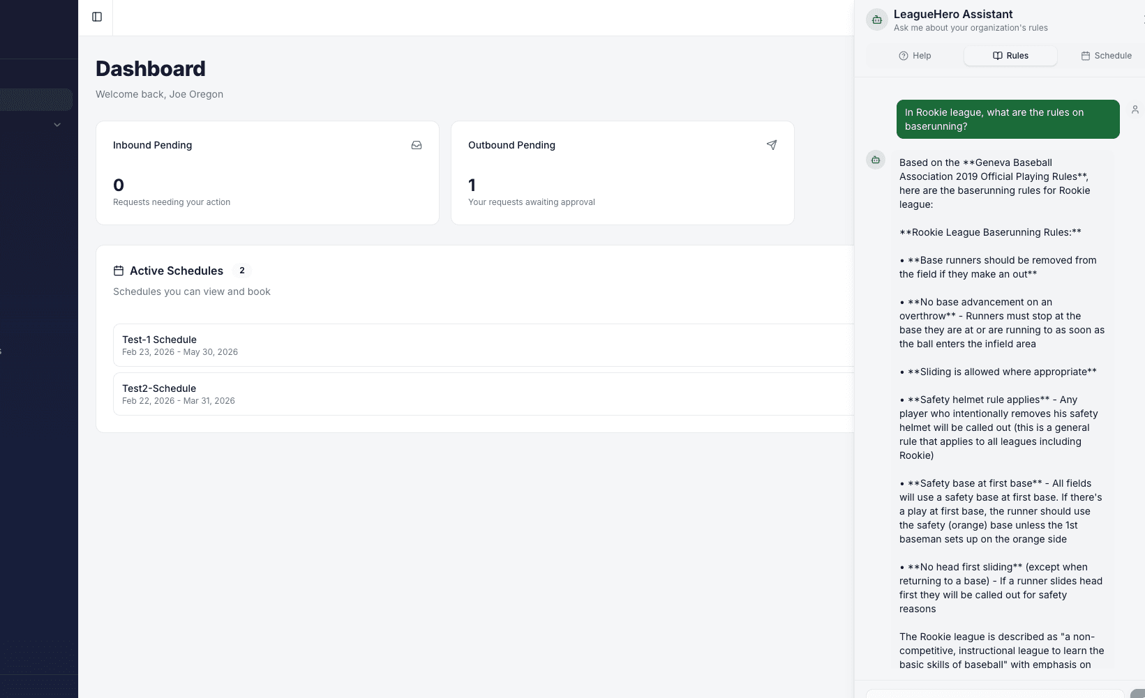 AI rules assistant answering coach questions about league rules