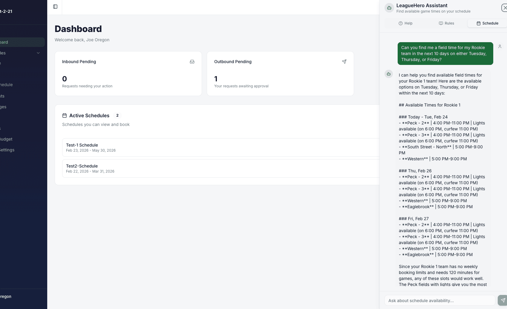 LeagueHero AI scheduling assistant for coaches
