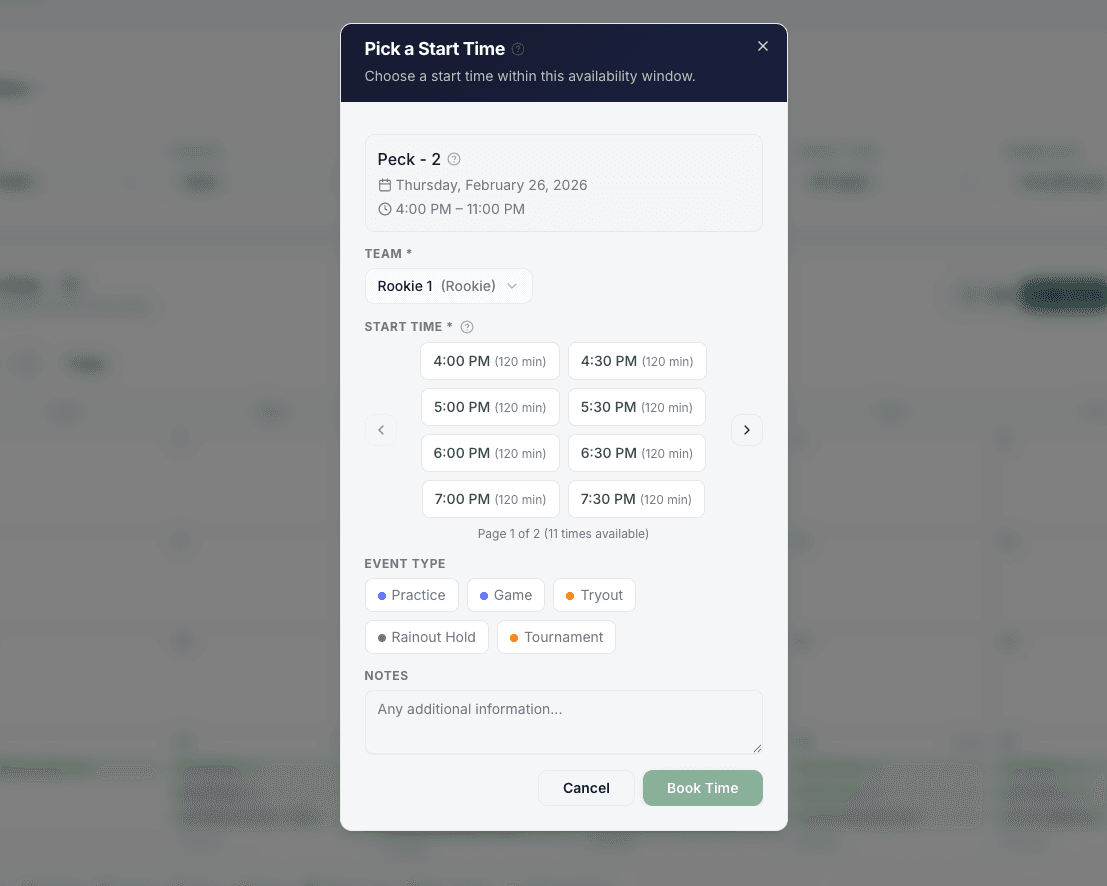 Simple field booking interface for coaches