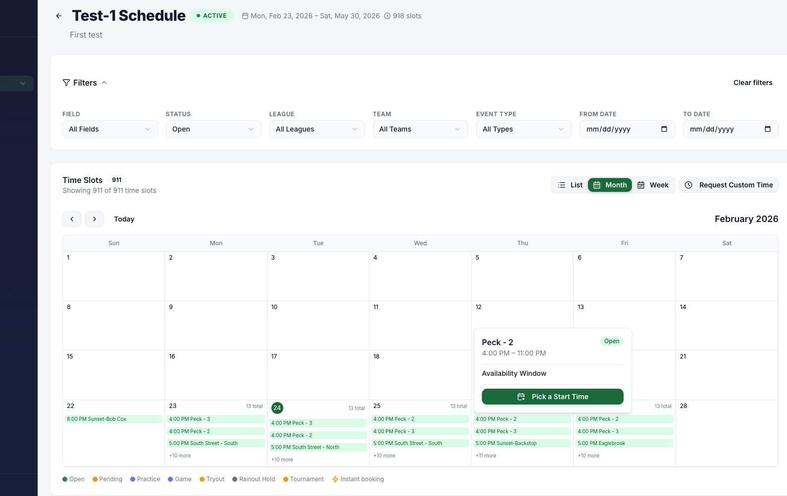 Open slot finder showing available field times