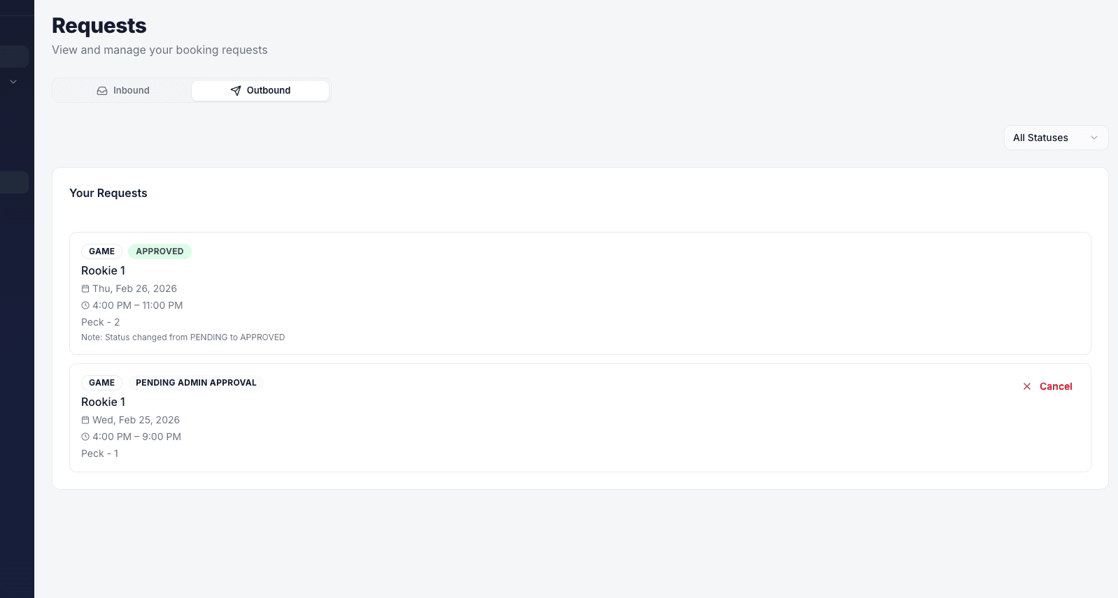 Request status tracking showing pending and approved bookings