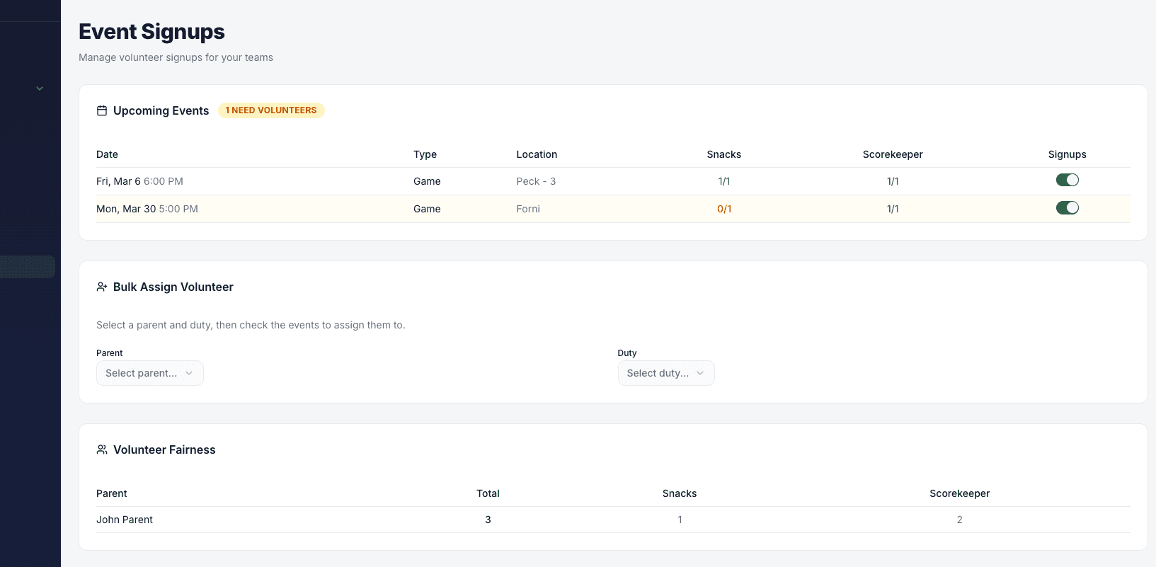 Event signups dashboard showing volunteer duties, bulk assignment, and fairness tracking