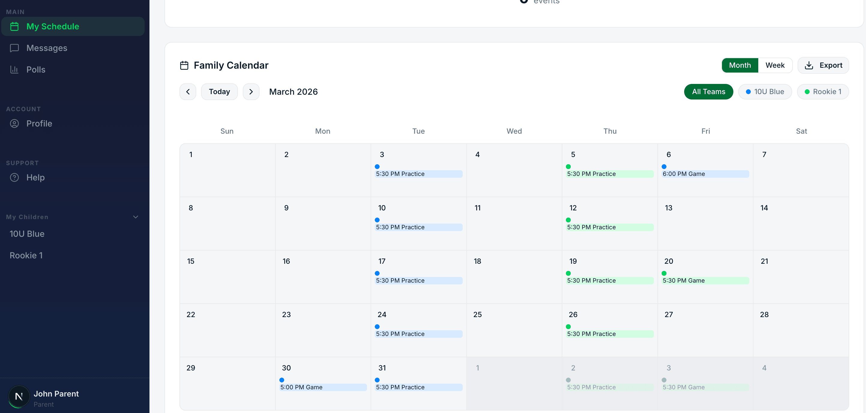 Family calendar showing games and practices across teams