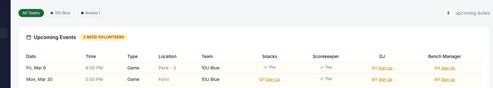 Parent volunteer signup view showing upcoming events with open slots