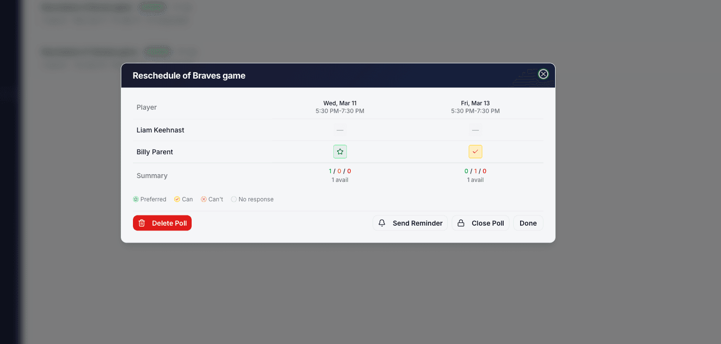 Quick poll for team availability that parents can vote on